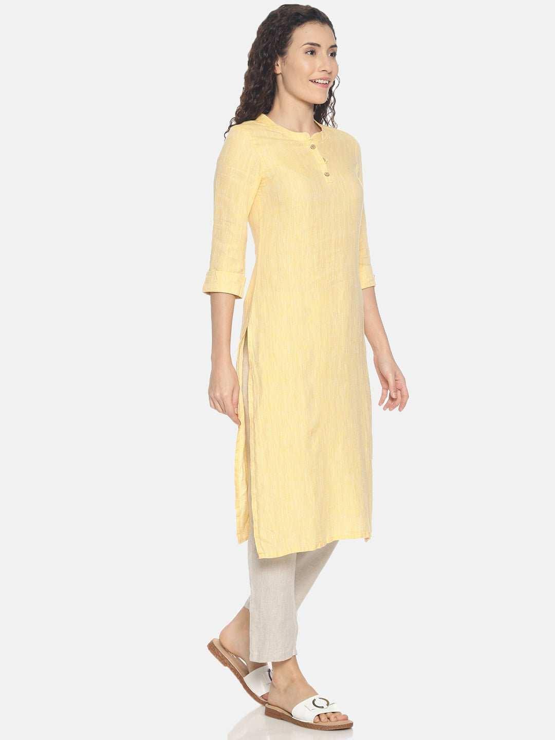 Ecentric Women's Lemon Yellow Colour Solid Hemp Straight Long KurtaEcentric Women's Lemon Yellow Colour Solid Hemp Straight Long Kurta