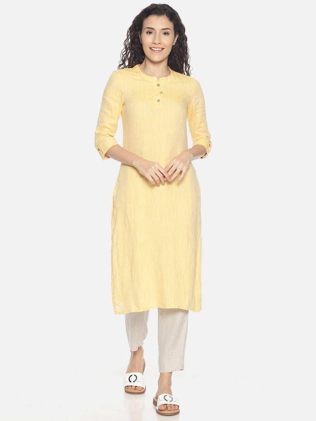 Ecentric Women's Lemon Yellow Colour Solid Hemp Straight Long KurtaEcentric Women's Lemon Yellow Colour Solid Hemp Straight Long Kurta