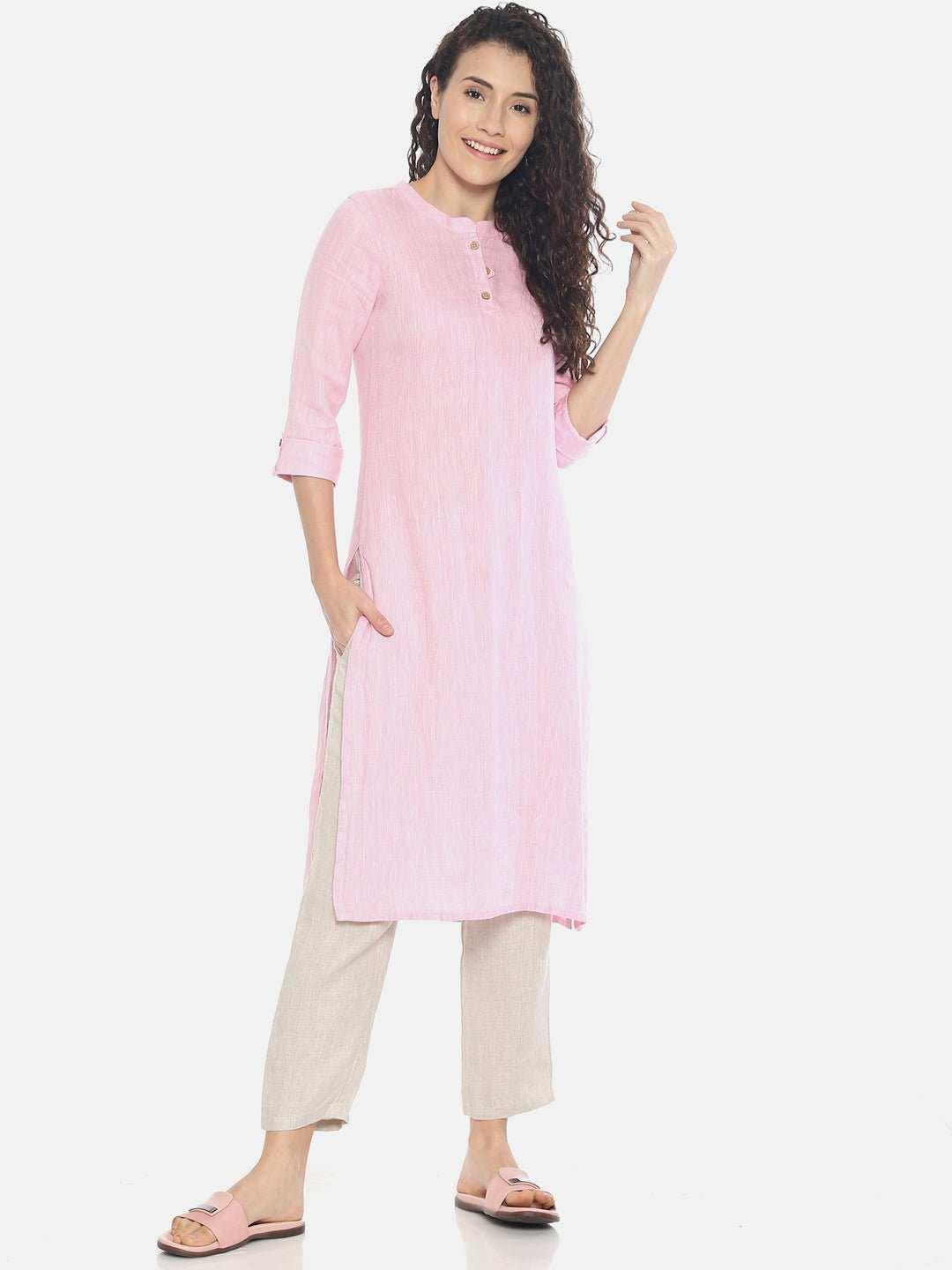 Ecentric Women's Light Pink Colour Solid Hemp Straight Long KurtaEcentric Women's Light Pink Colour Solid Hemp Straight Long Kurta