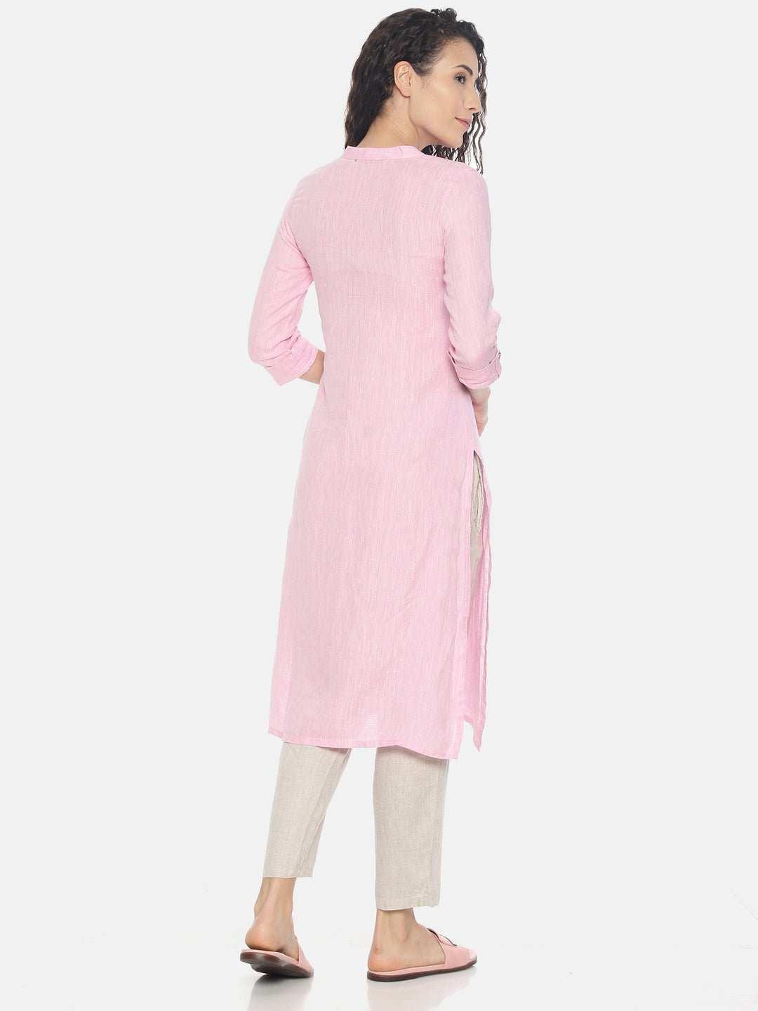 Ecentric Women's Light Pink Colour Solid Hemp Straight Long KurtaEcentric Women's Light Pink Colour Solid Hemp Straight Long Kurta