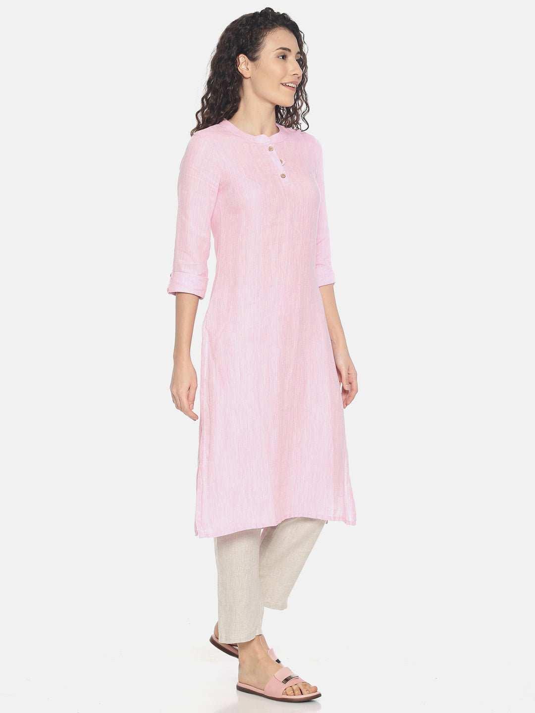 Ecentric Women's Light Pink Colour Solid Hemp Straight Long KurtaEcentric Women's Light Pink Colour Solid Hemp Straight Long Kurta