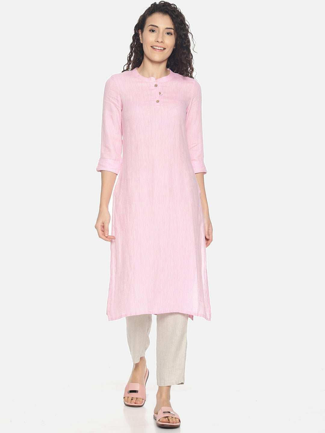 Ecentric Women's Light Pink Colour Solid Hemp Straight Long Kurta.