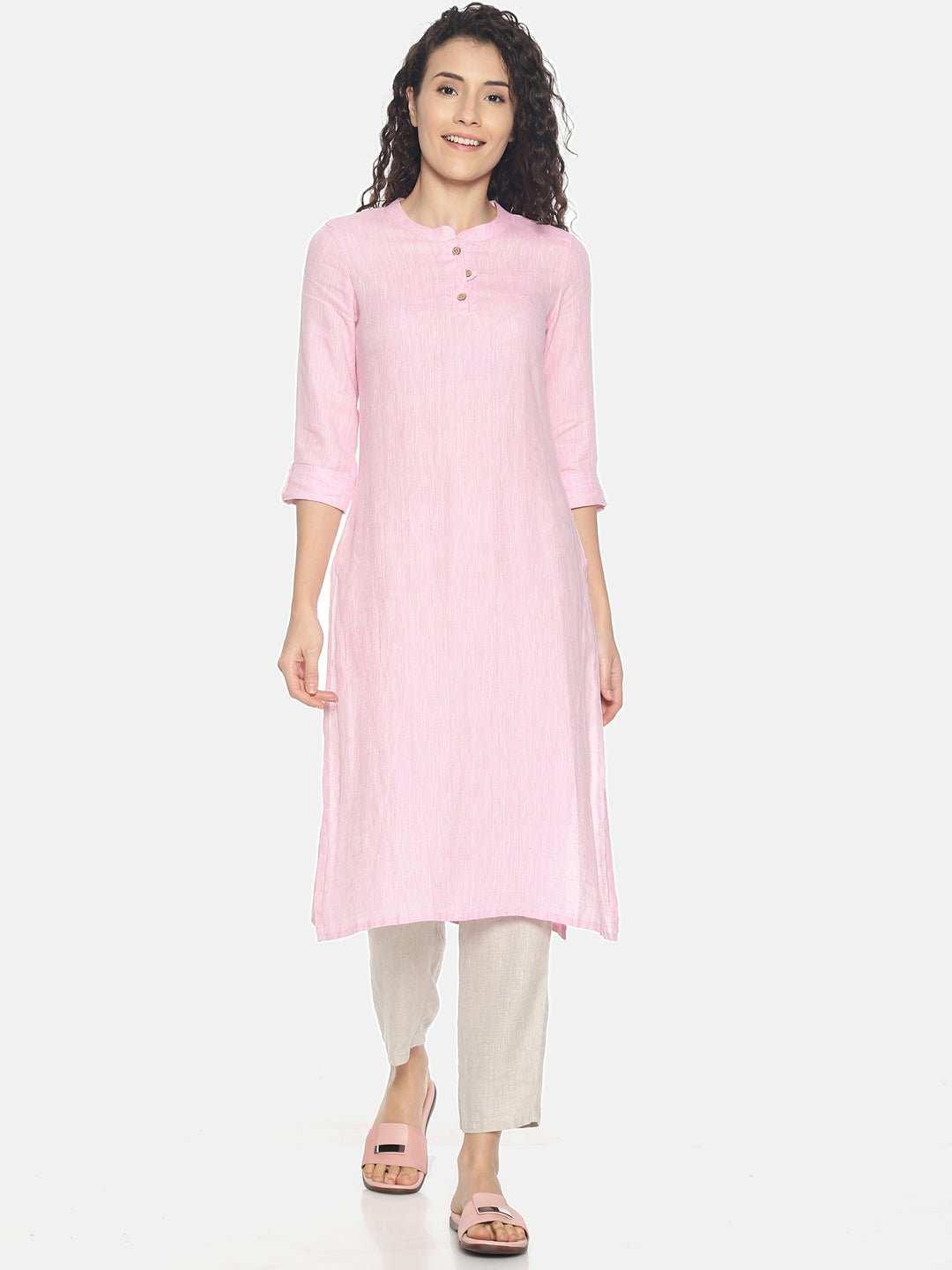 Ecentric Women's Light Pink Colour Solid Hemp Straight Long KurtaEcentric Women's Light Pink Colour Solid Hemp Straight Long Kurta