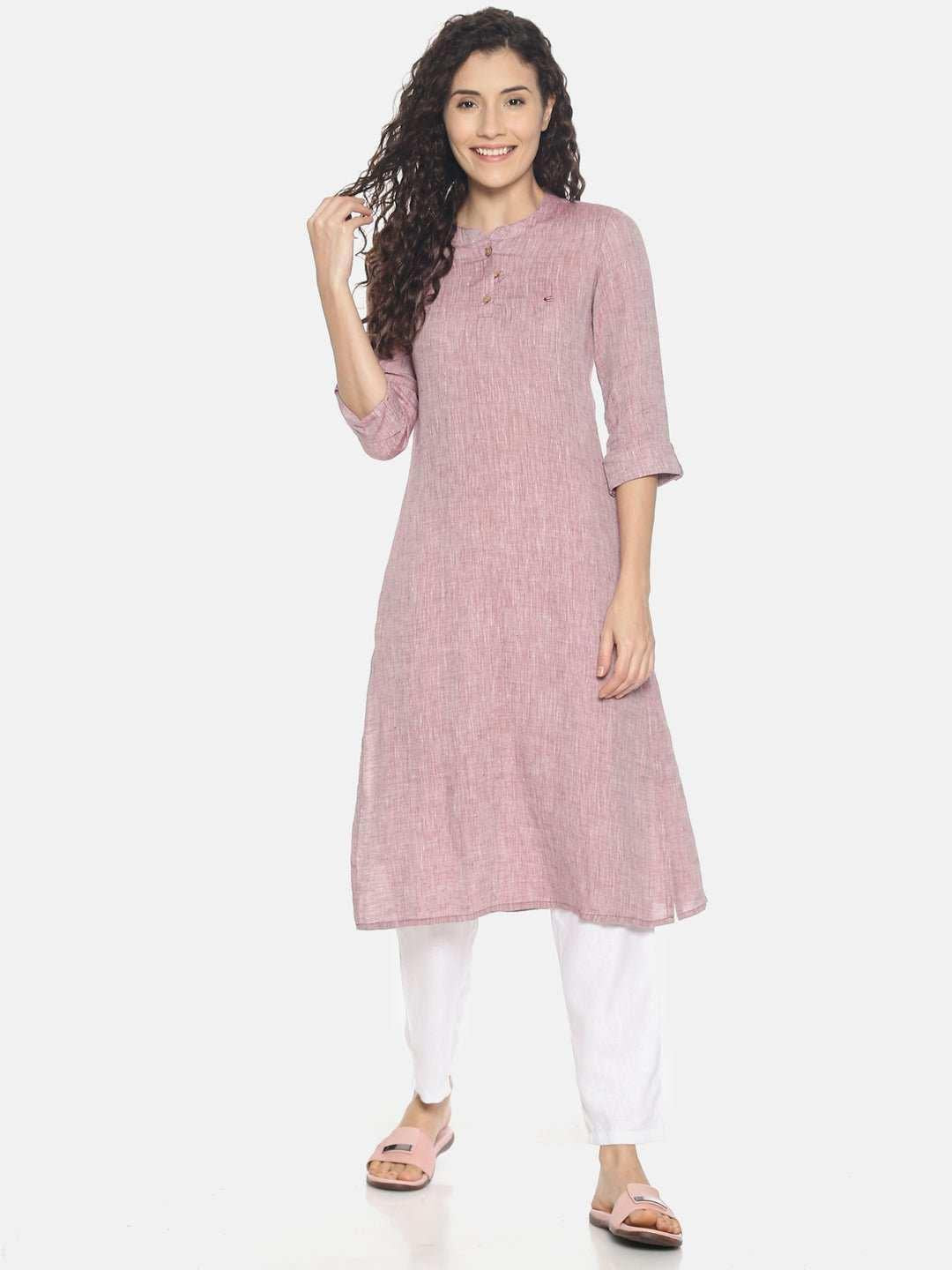 Ecentric Women's Maroon Colour Solid Hemp Straight Long Kurta.