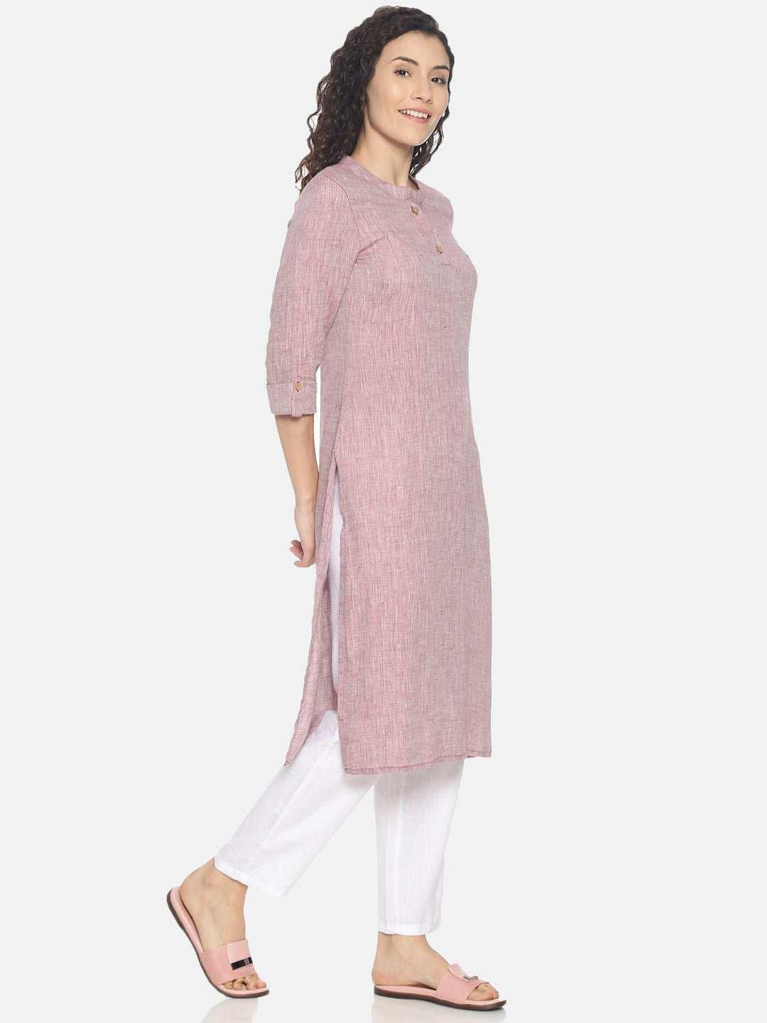 Ecentric Women's Maroon Colour Solid Hemp Straight Long Kurta.