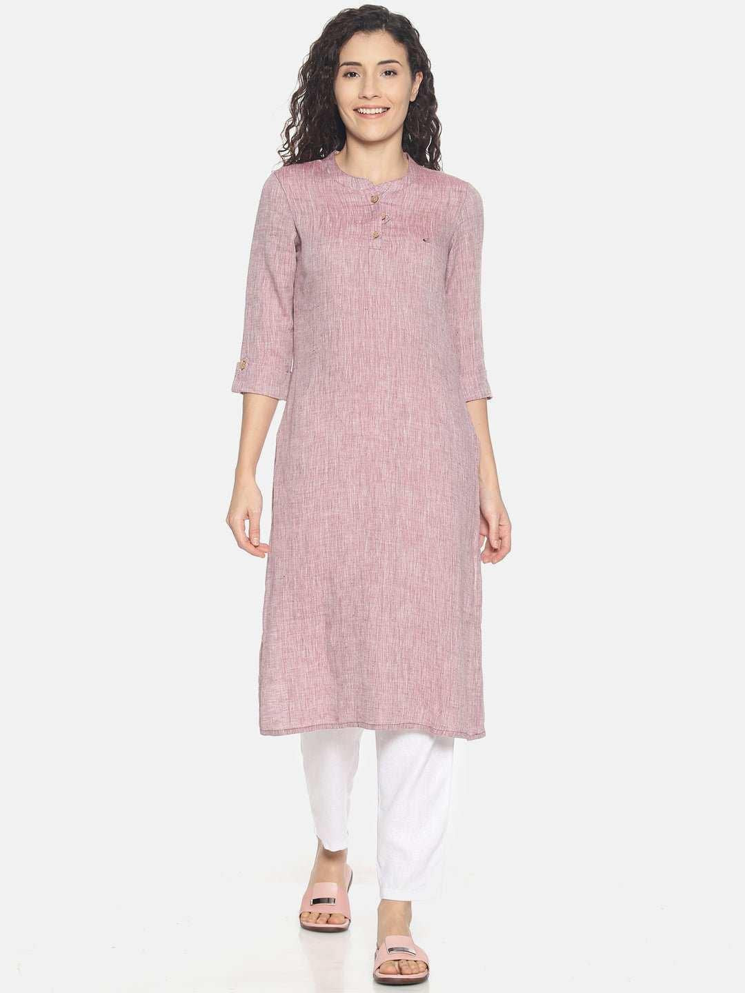 Ecentric Women's Maroon Colour Solid Hemp Straight Long Kurta.