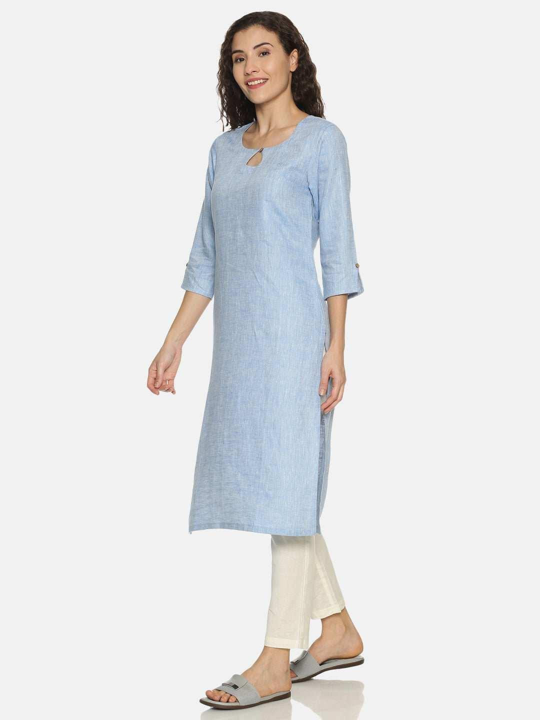 Ecentric Women's Navy Blue Colour Solid Hemp Straight Long Kurta.