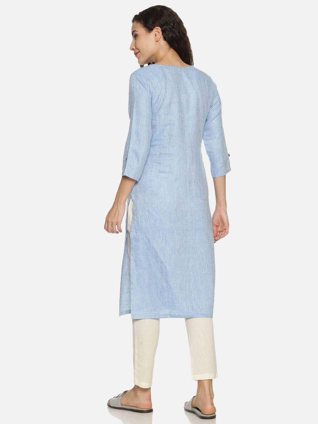 Ecentric Women's Navy Blue Colour Solid Hemp Straight Long Kurta.