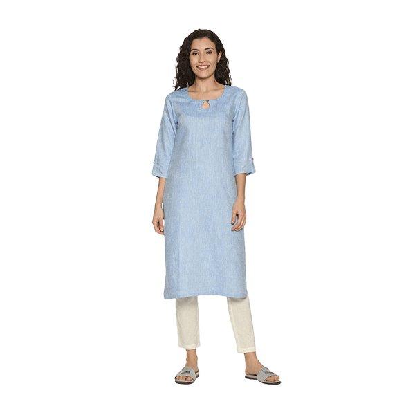 Ecentric Women's Navy Blue Colour Solid Hemp Straight Long KurtaEcentric Women's Navy Blue Colour Solid Hemp Straight Long Kurta