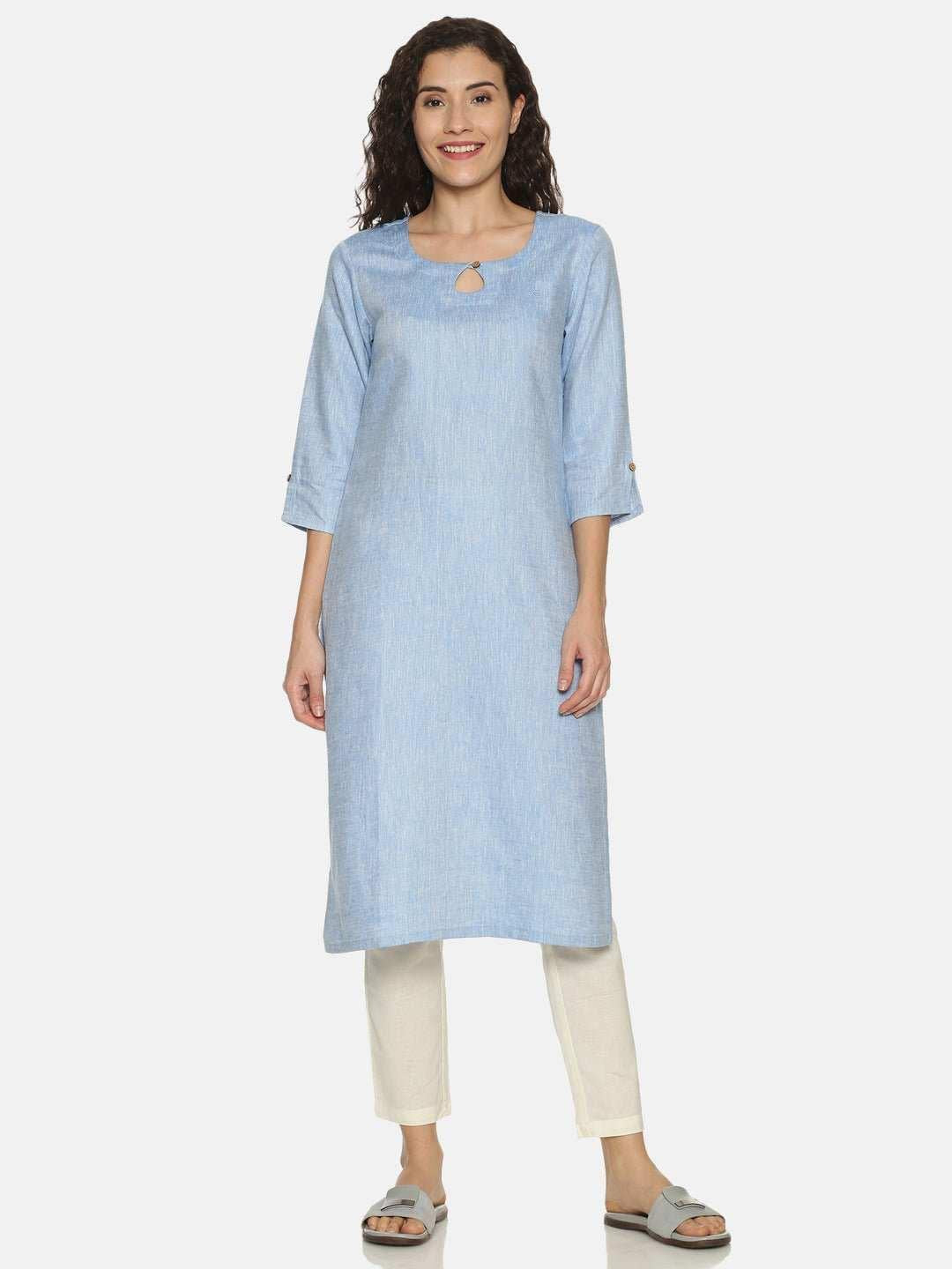 Ecentric Women's Navy Blue Colour Solid Hemp Straight Long Kurta.
