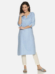 Ecentric Women's Navy Blue Colour Solid Hemp Straight Long Kurta - CBD Store India