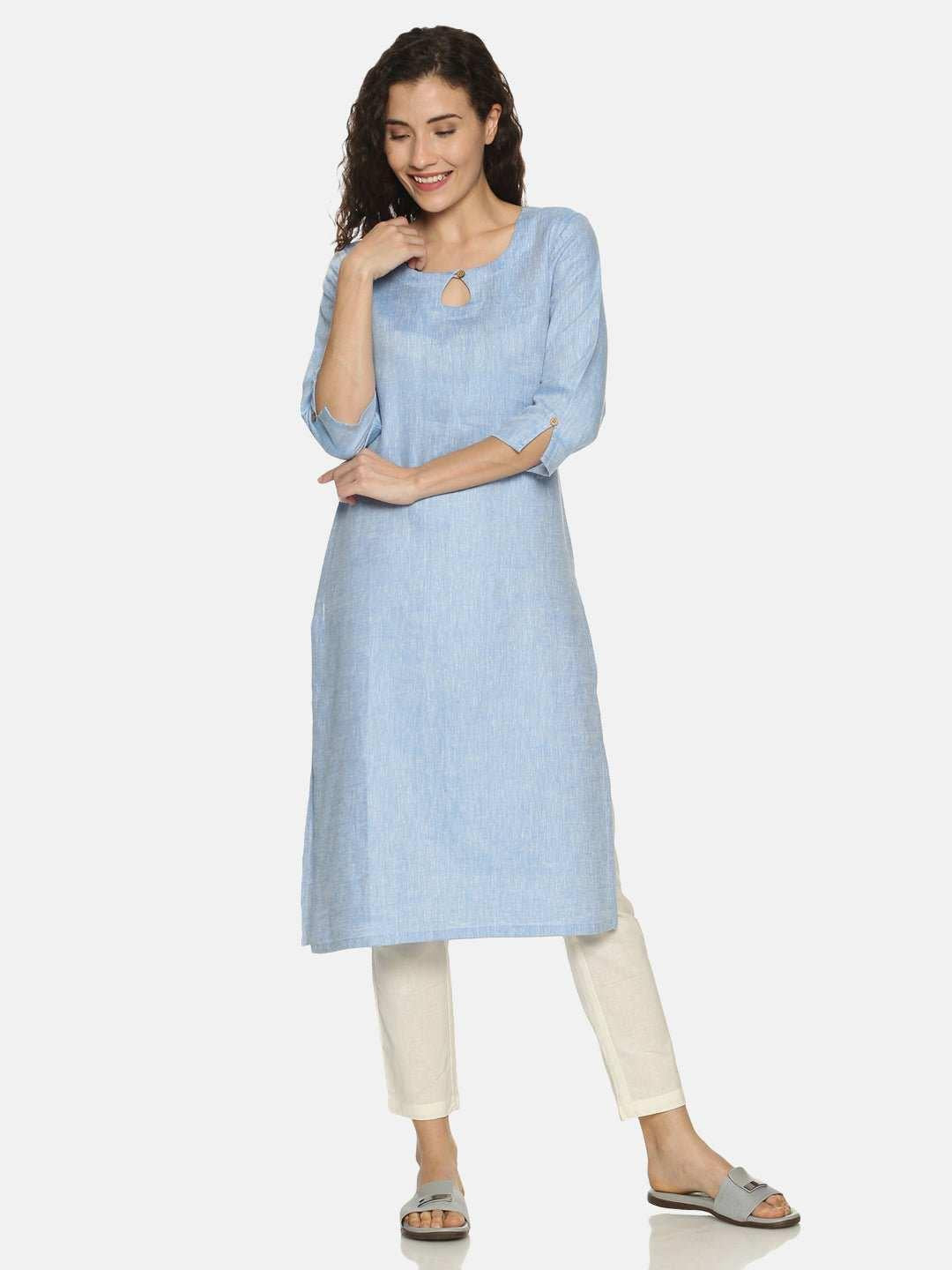 Ecentric Women's Navy Blue Colour Solid Hemp Straight Long Kurta.