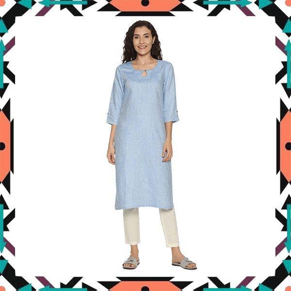 Ecentric Women's Navy Blue Colour Solid Hemp Straight Long Kurta.