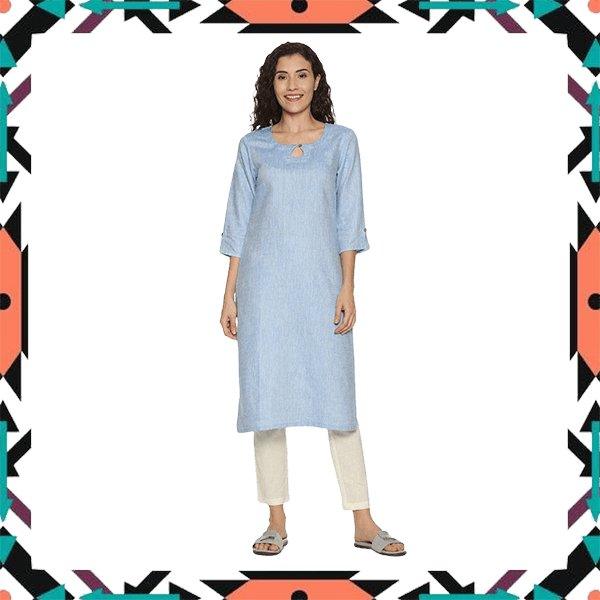 Ecentric Women's Navy Blue Colour Solid Hemp Straight Long KurtaEcentric Women's Navy Blue Colour Solid Hemp Straight Long Kurta