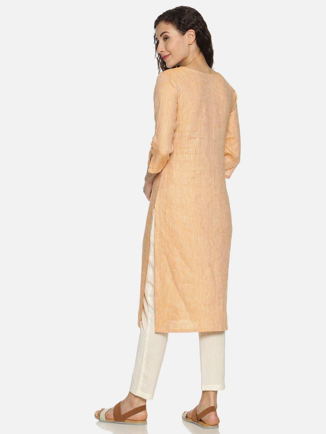 Ecentric Women's Orange Colour Solid Hemp Straight Long Kurta