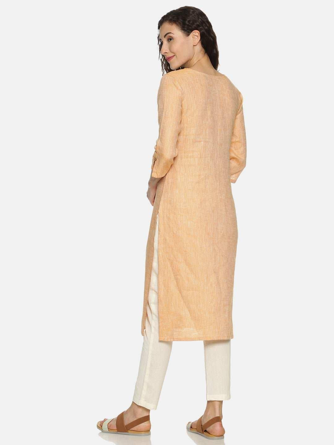 Ecentric Women's Orange Colour Solid Hemp Straight Long Kurta.