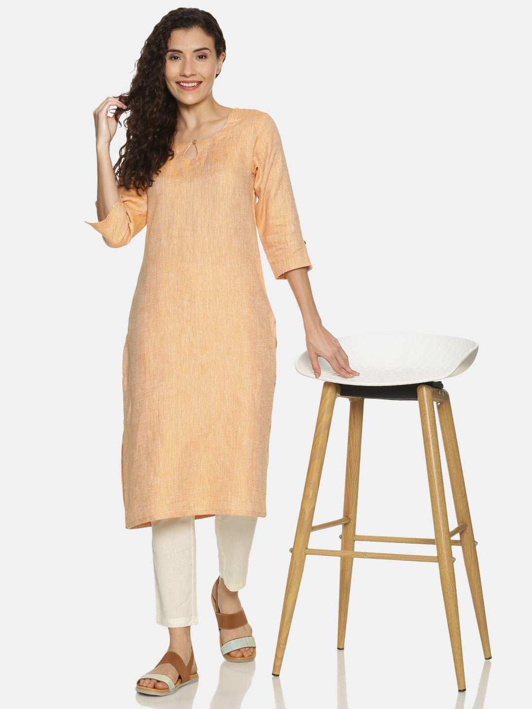 Ecentric Women's Orange Colour Solid Hemp Straight Long Kurta