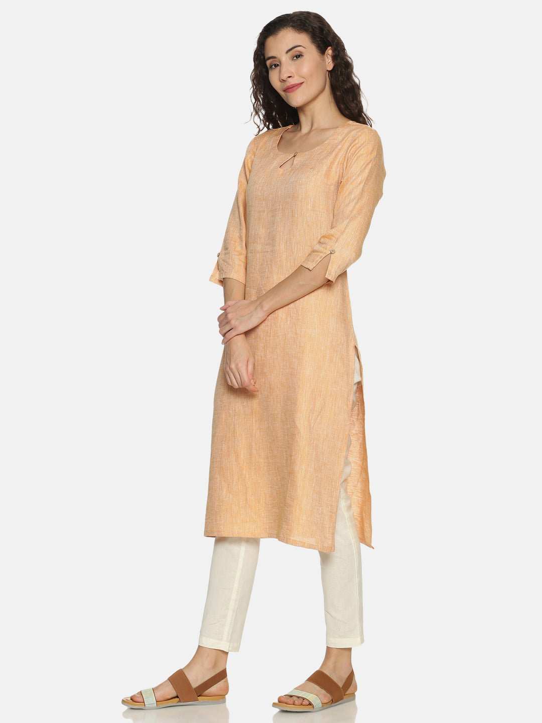 Ecentric Women's Orange Colour Solid Hemp Straight Long Kurta - CBD Store India