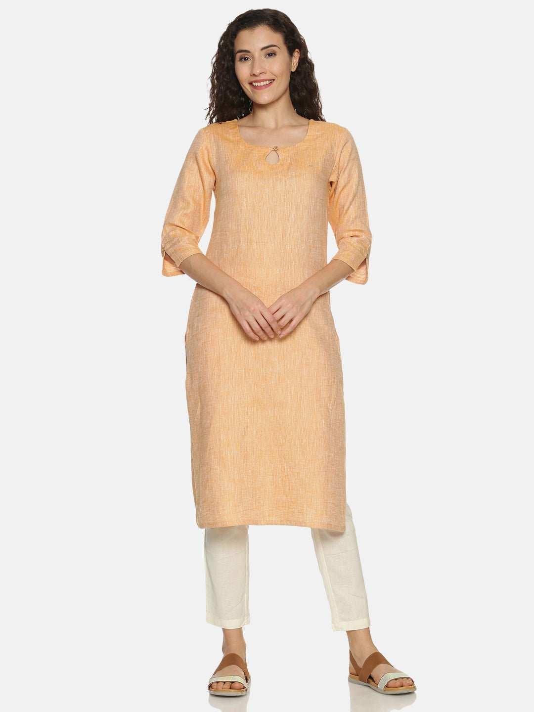 Ecentric Women's Orange Colour Solid Hemp Straight Long Kurta