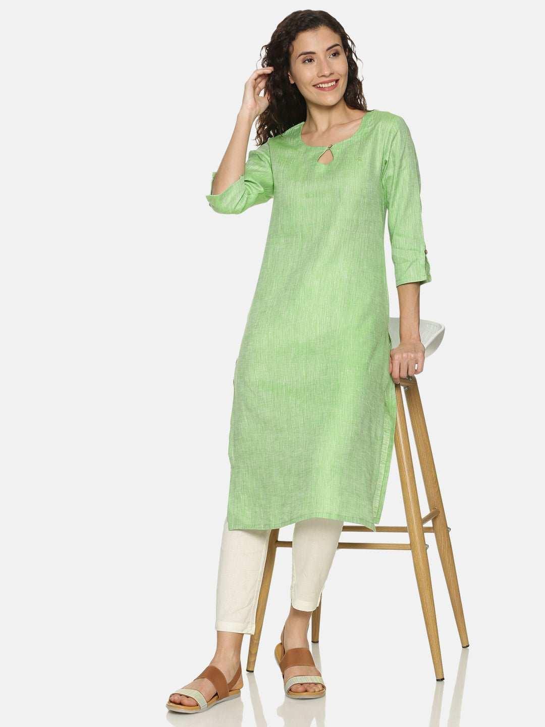 Ecentric Women's Parrot Green Colour Solid Hemp Straight Long Kurta.