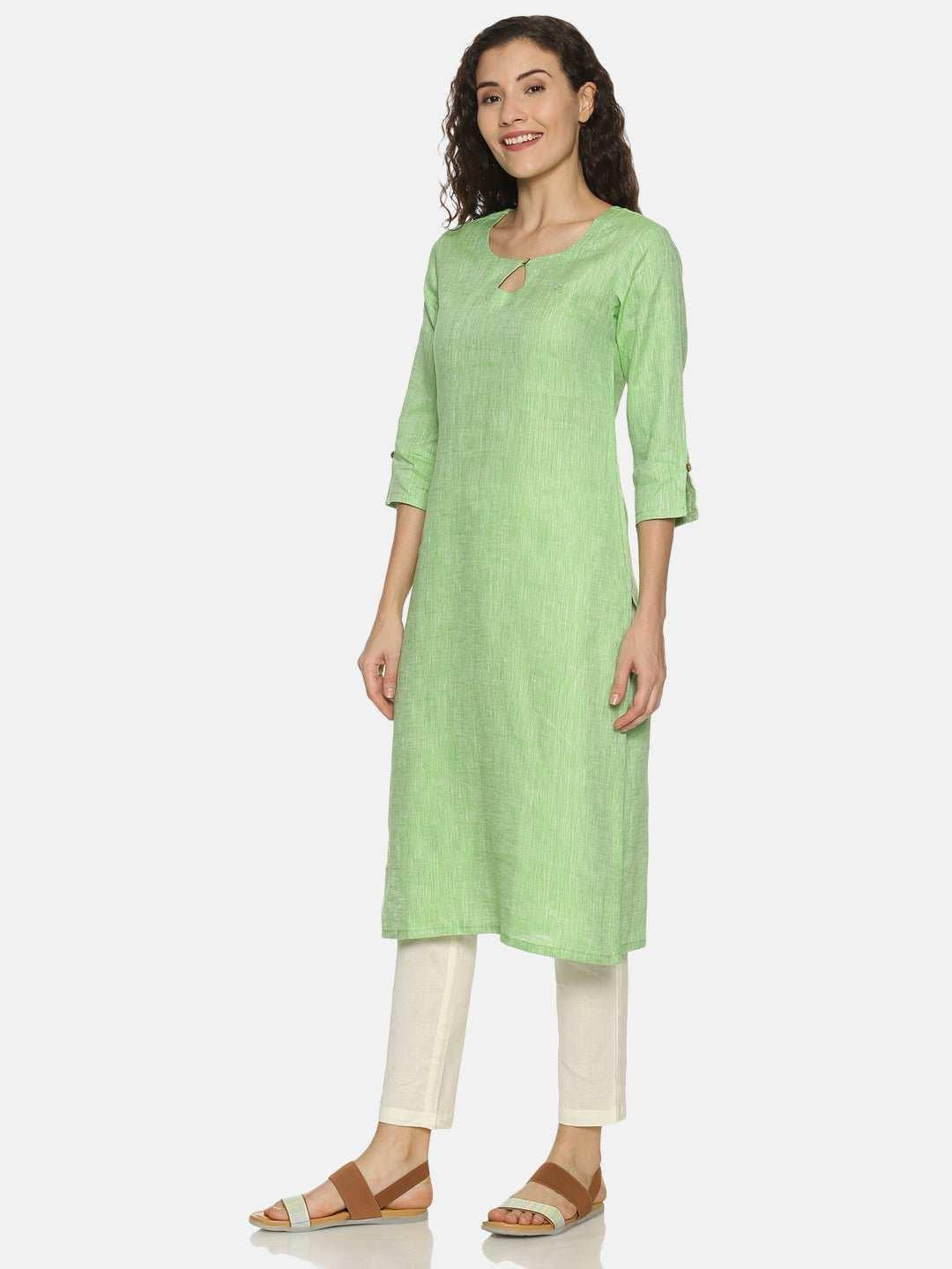 Ecentric Women's Parrot Green Colour Solid Hemp Straight Long Kurta.