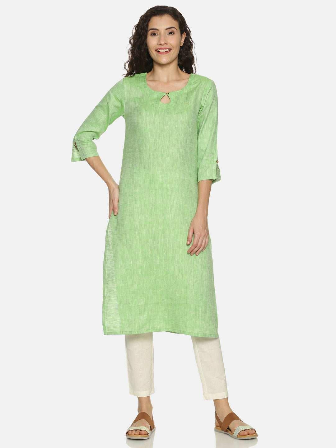 Ecentric Women's Parrot Green Colour Solid Hemp Straight Long Kurta.