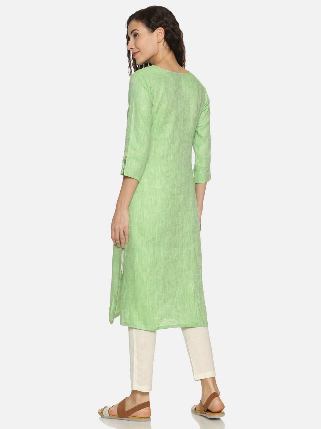 Ecentric Women's Parrot Green Colour Solid Hemp Straight Long Kurta - CBD Store India