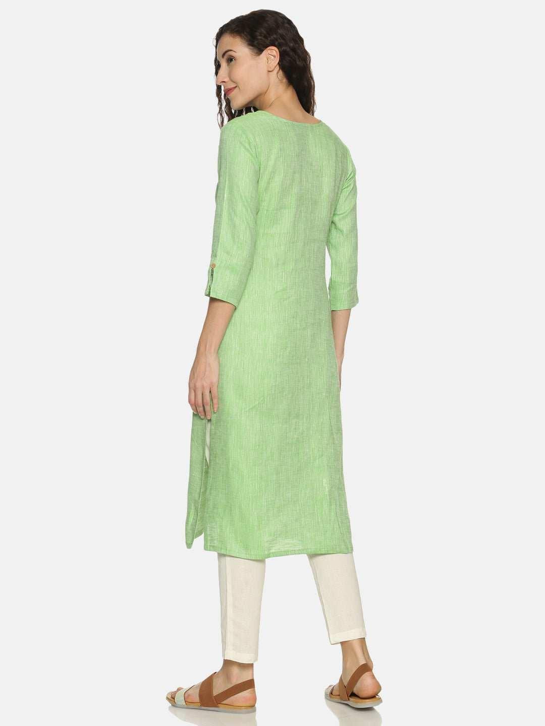 Ecentric Women's Parrot Green Colour Solid Hemp Straight Long Kurta.