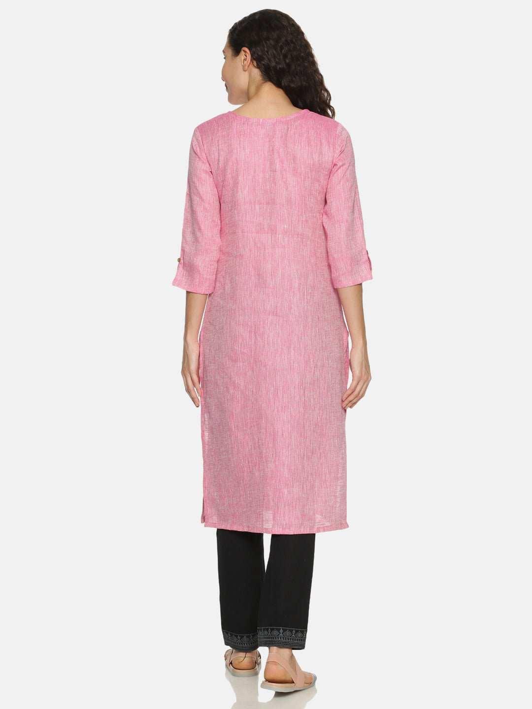 Ecentric Women's Rani Pink Colour Solid Hemp Straight Long KurtaEcentric Women's Rani Pink Colour Solid Hemp Straight Long Kurta