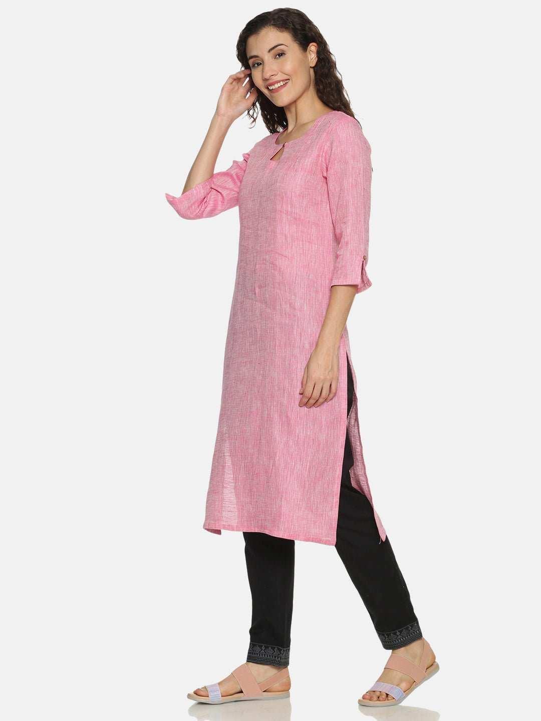 Ecentric Women's Rani Pink Colour Solid Hemp Straight Long KurtaEcentric Women's Rani Pink Colour Solid Hemp Straight Long Kurta