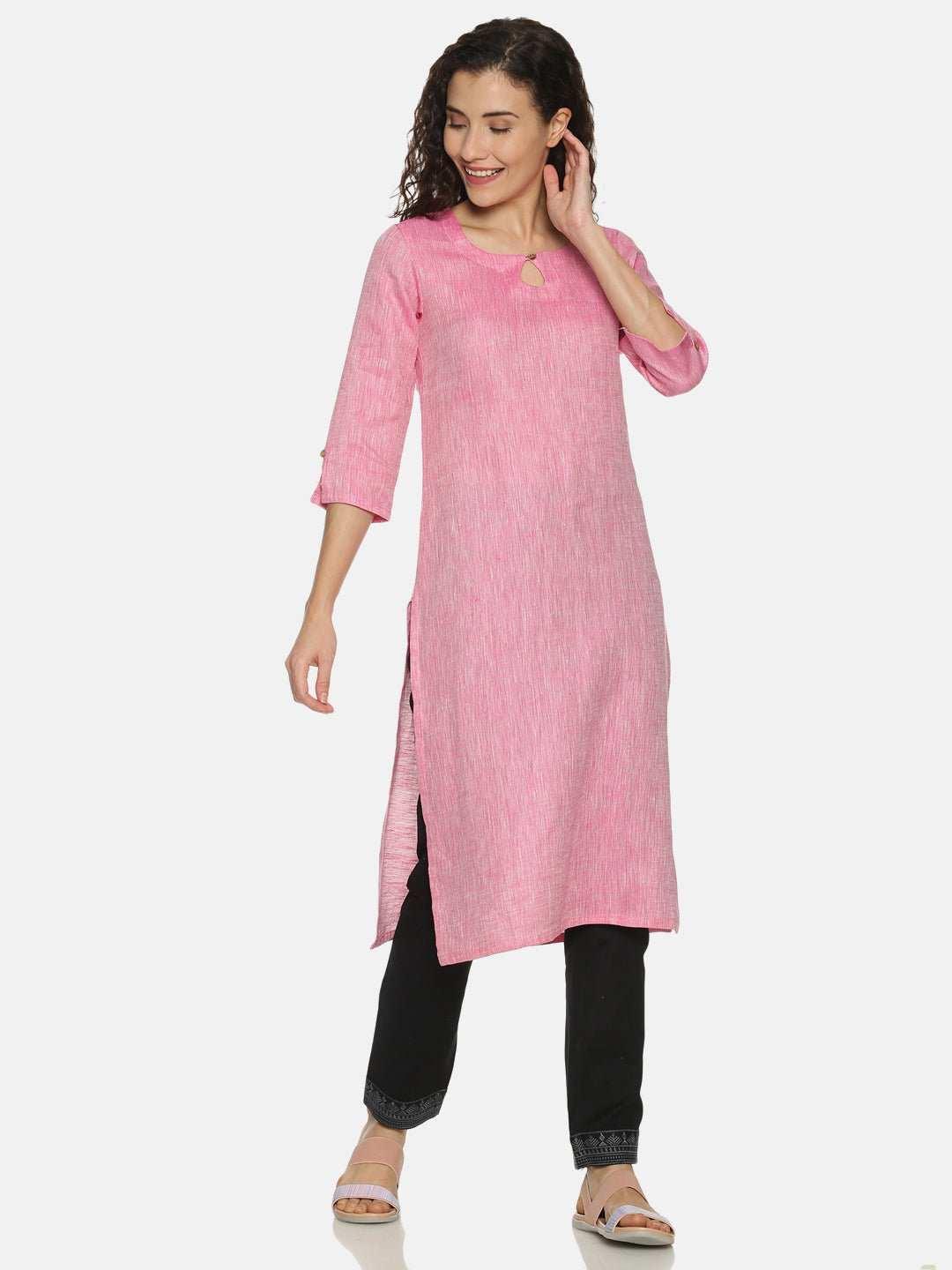 Ecentric Women's Rani Pink Colour Solid Hemp Straight Long KurtaEcentric Women's Rani Pink Colour Solid Hemp Straight Long Kurta