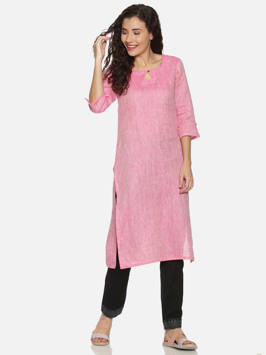 Ecentric Women's Rani Pink Colour Solid Hemp Straight Long KurtaEcentric Women's Rani Pink Colour Solid Hemp Straight Long Kurta