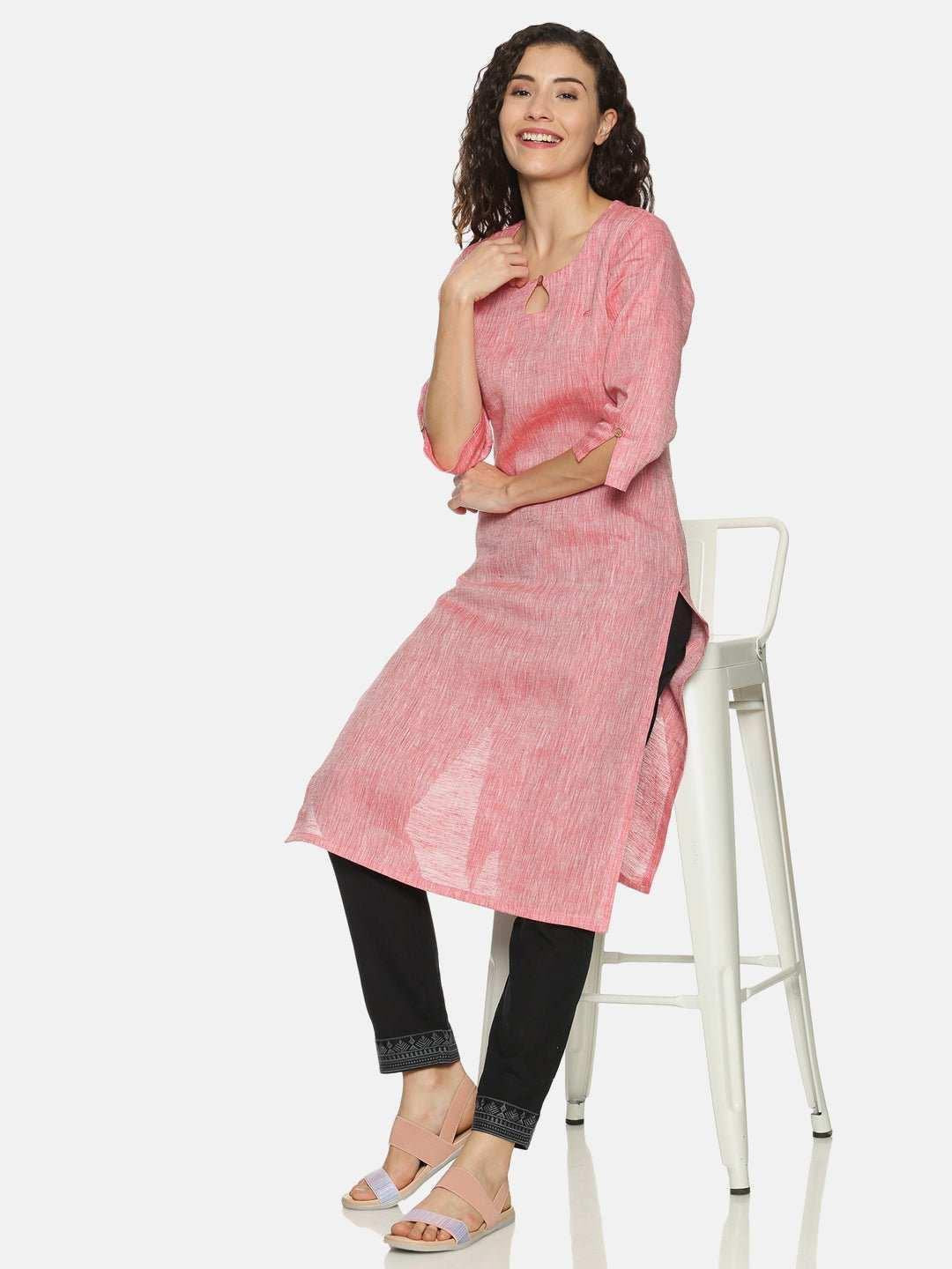 Ecentric Women's Red Colour Solid Hemp Straight Long Kurta.