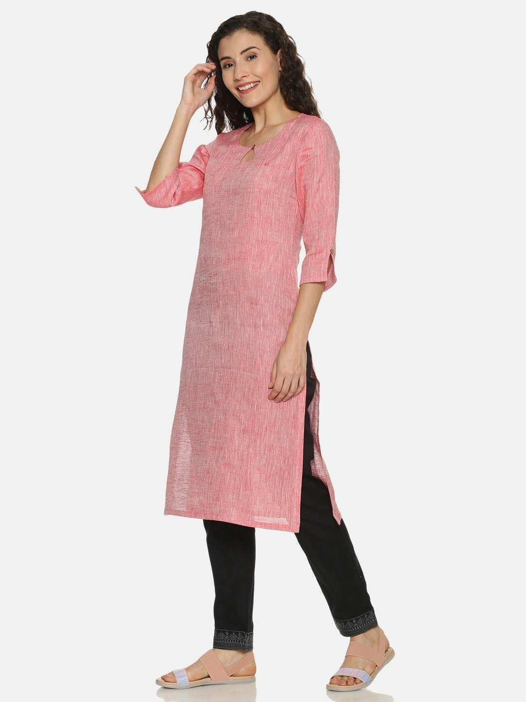 Ecentric Women's Red Colour Solid Hemp Straight Long Kurta.