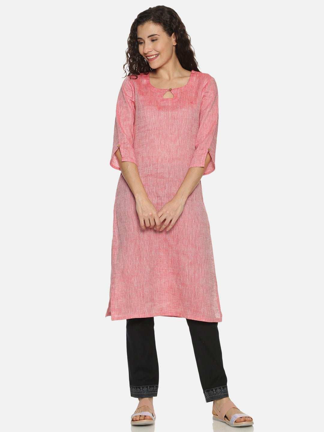 Ecentric Women's Red Colour Solid Hemp Straight Long KurtaEcentric Women's Red Colour Solid Hemp Straight Long Kurta