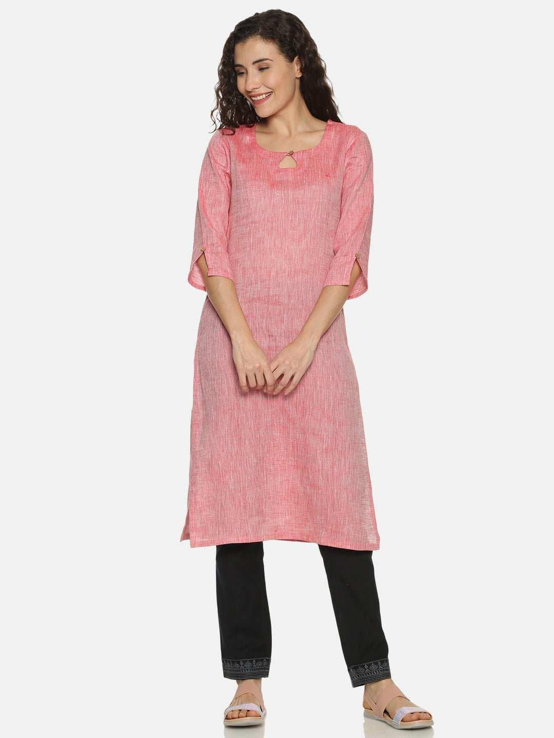 Ecentric Women's Red Colour Solid Hemp Straight Long Kurta.