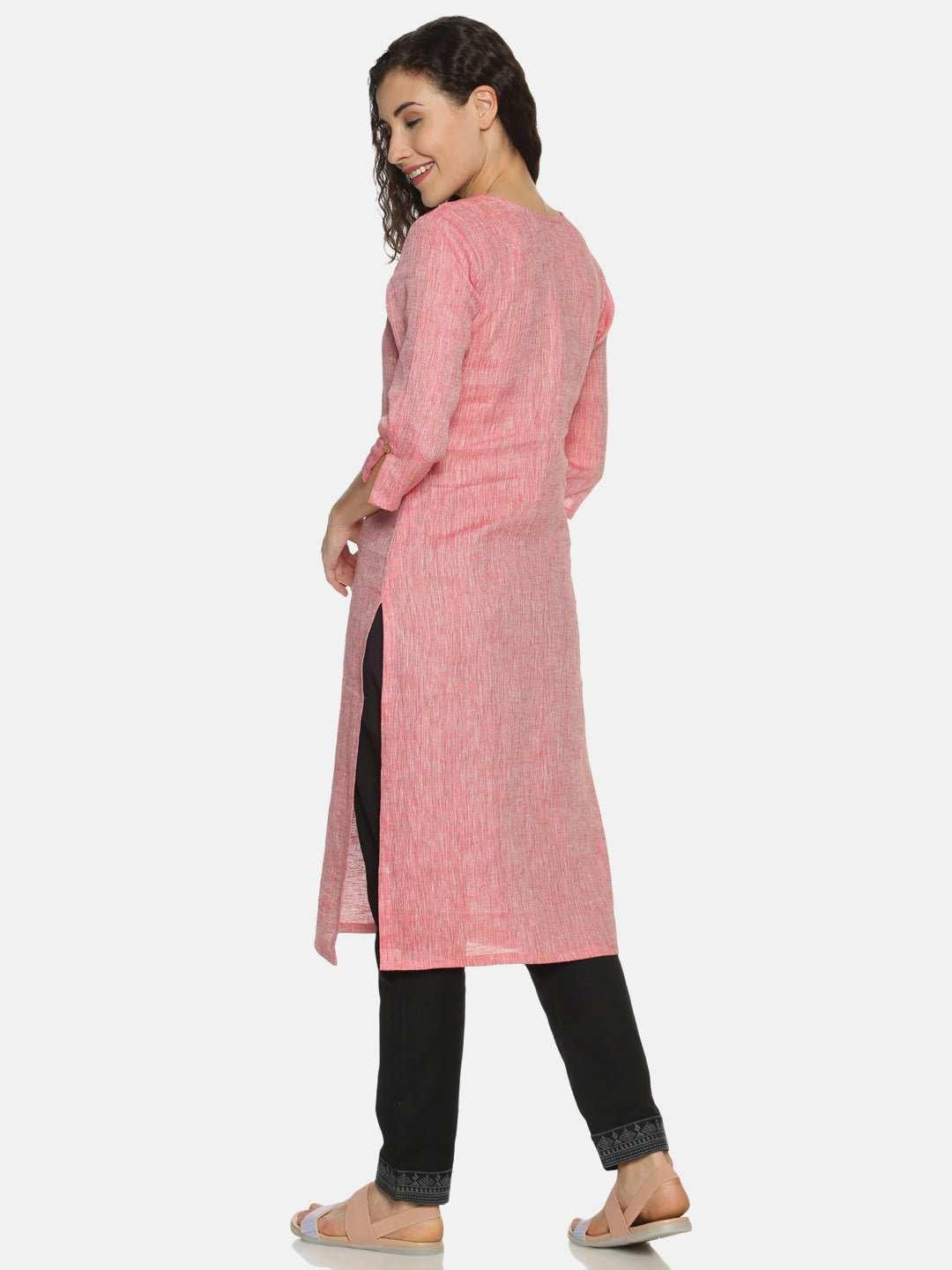 Ecentric Women's Red Colour Solid Hemp Straight Long Kurta.