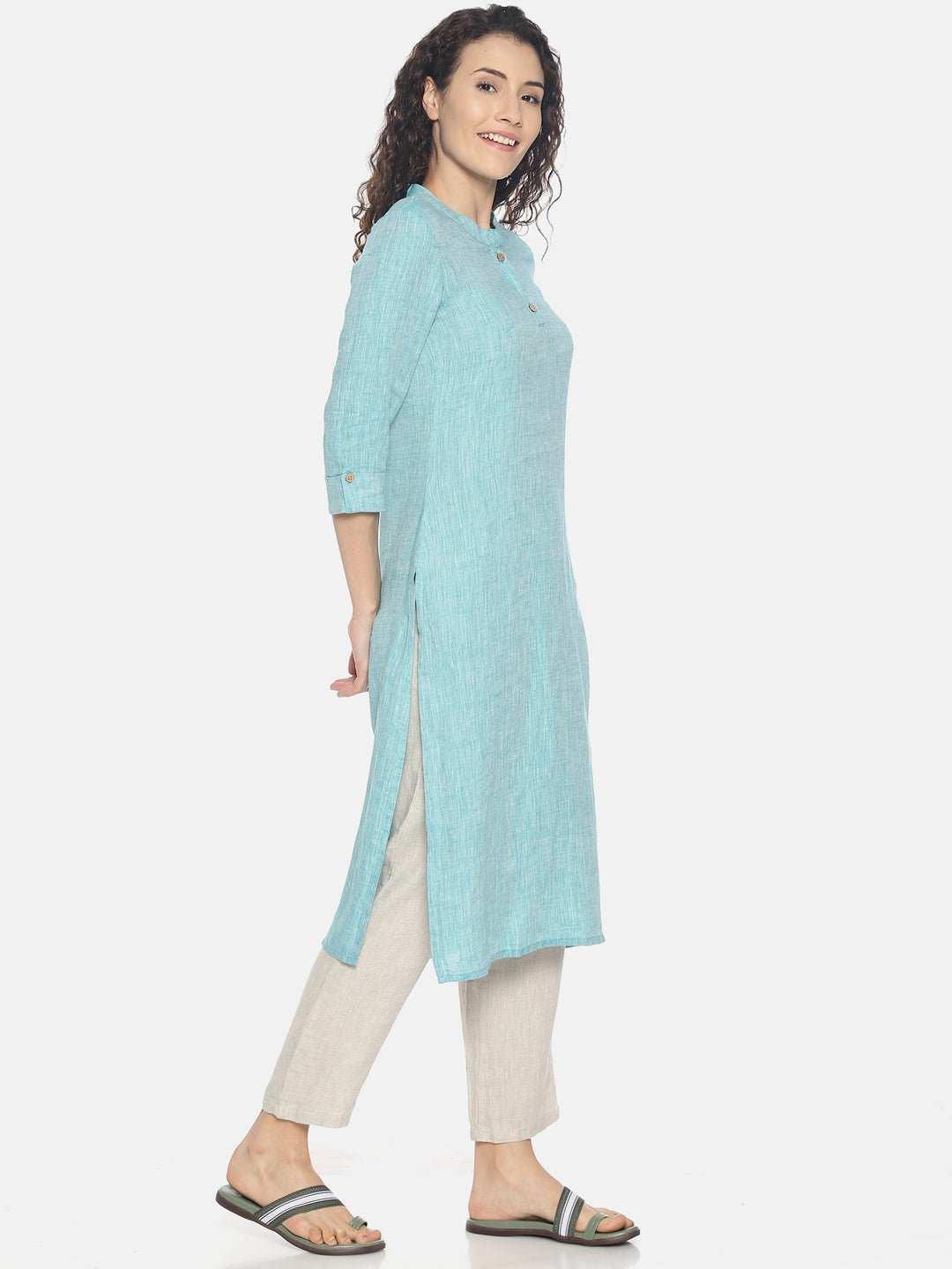 Ecentric Women's Teal Green Colour Solid Hemp Straight Long KurtaEcentric Women's Teal Green Colour Solid Hemp Straight Long Kurta