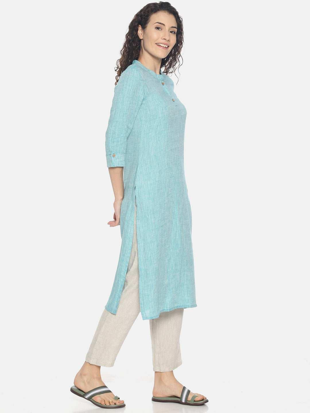 Ecentric Women's Teal Green Colour Solid Hemp Straight Long Kurta.