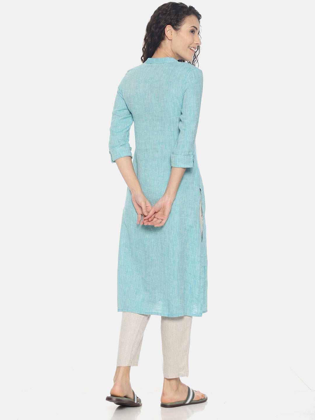 Ecentric Women's Teal Green Colour Solid Hemp Straight Long KurtaEcentric Women's Teal Green Colour Solid Hemp Straight Long Kurta