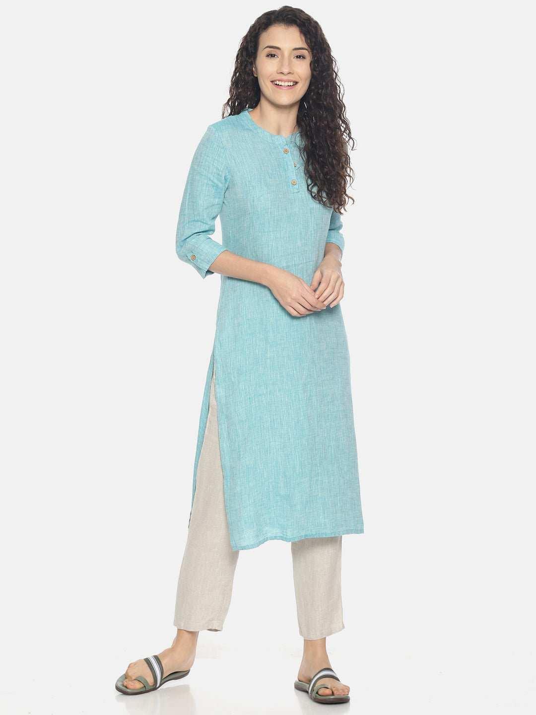 Ecentric Women's Teal Green Colour Solid Hemp Straight Long KurtaEcentric Women's Teal Green Colour Solid Hemp Straight Long Kurta