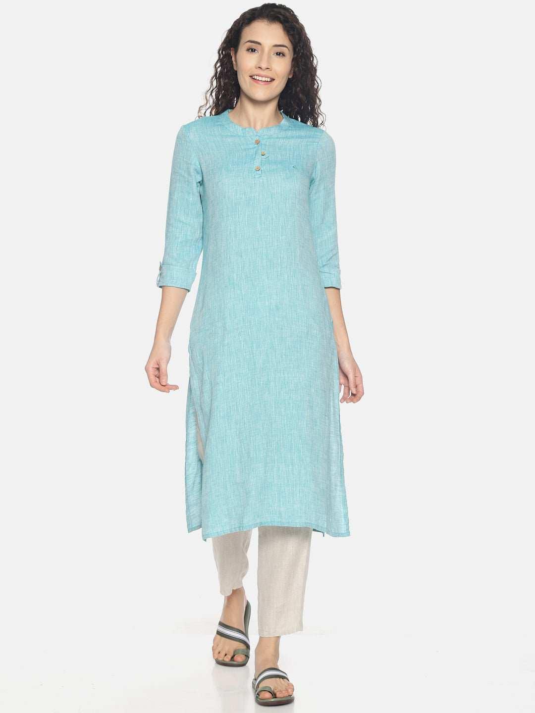 Ecentric Women's Teal Green Colour Solid Hemp Straight Long KurtaEcentric Women's Teal Green Colour Solid Hemp Straight Long Kurta