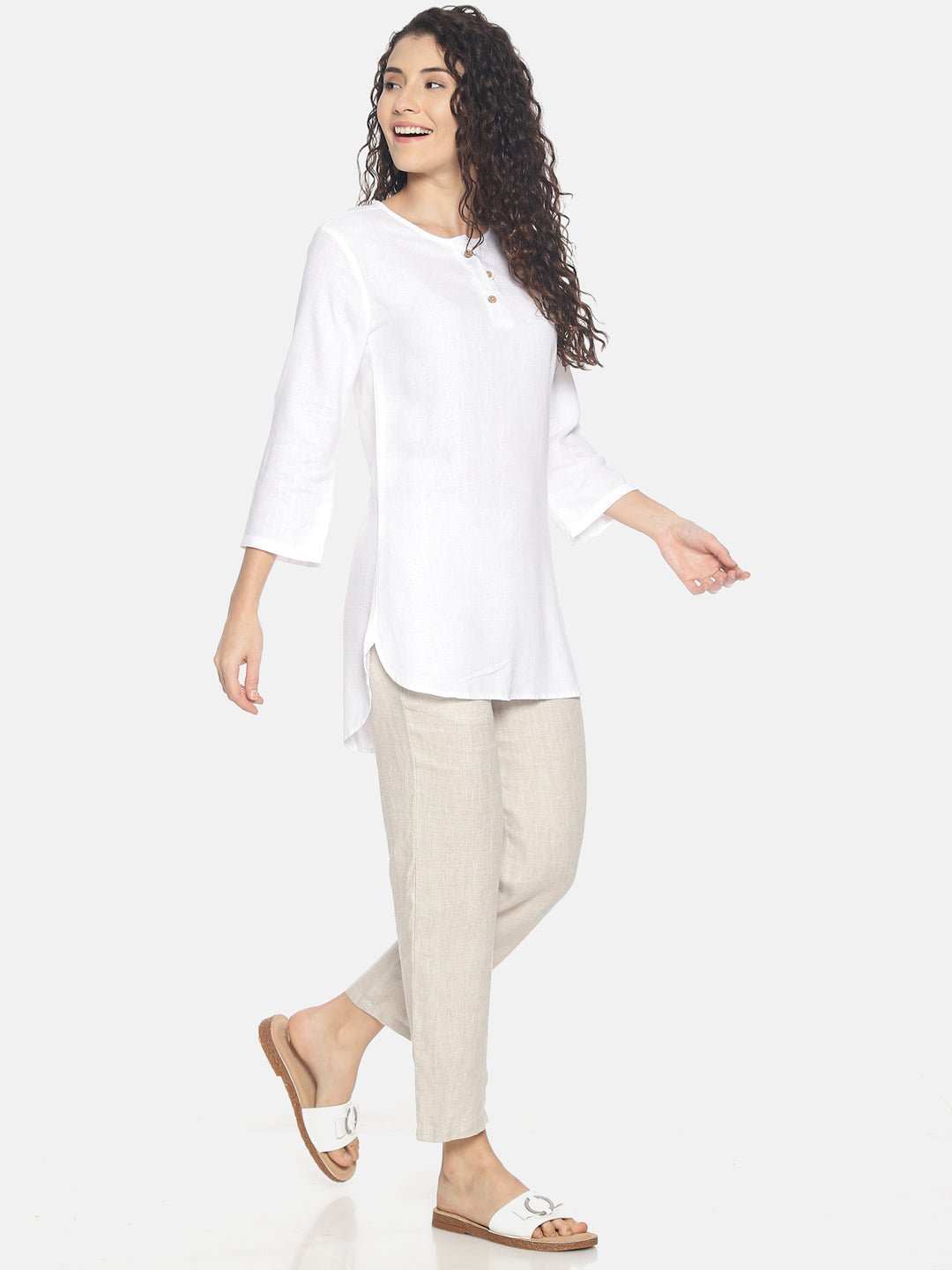 Ecentric Women's White and Beige Colour High Low Lounge Wear Set - CBD Store India