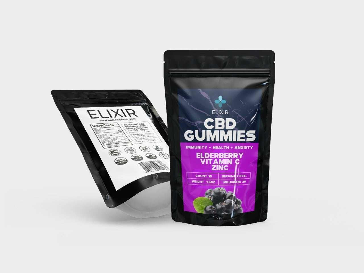 Elixir Nano CBD Elderberry Vitamin C + Zinc Gummies 300 MG.