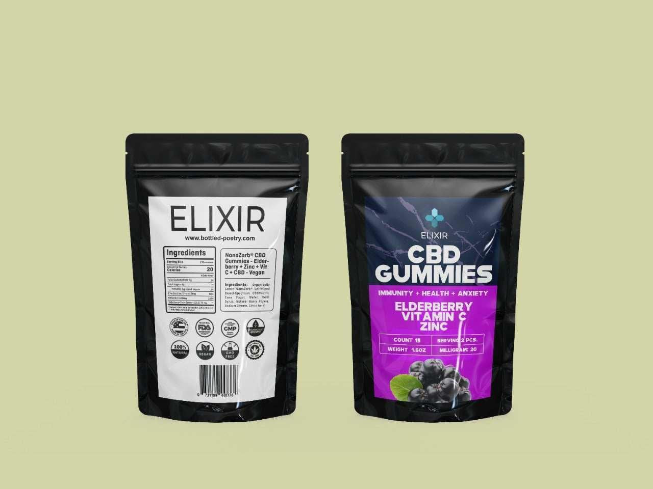 Elixir Nano CBD Elderberry Vitamin C + Zinc Gummies 300 MG.