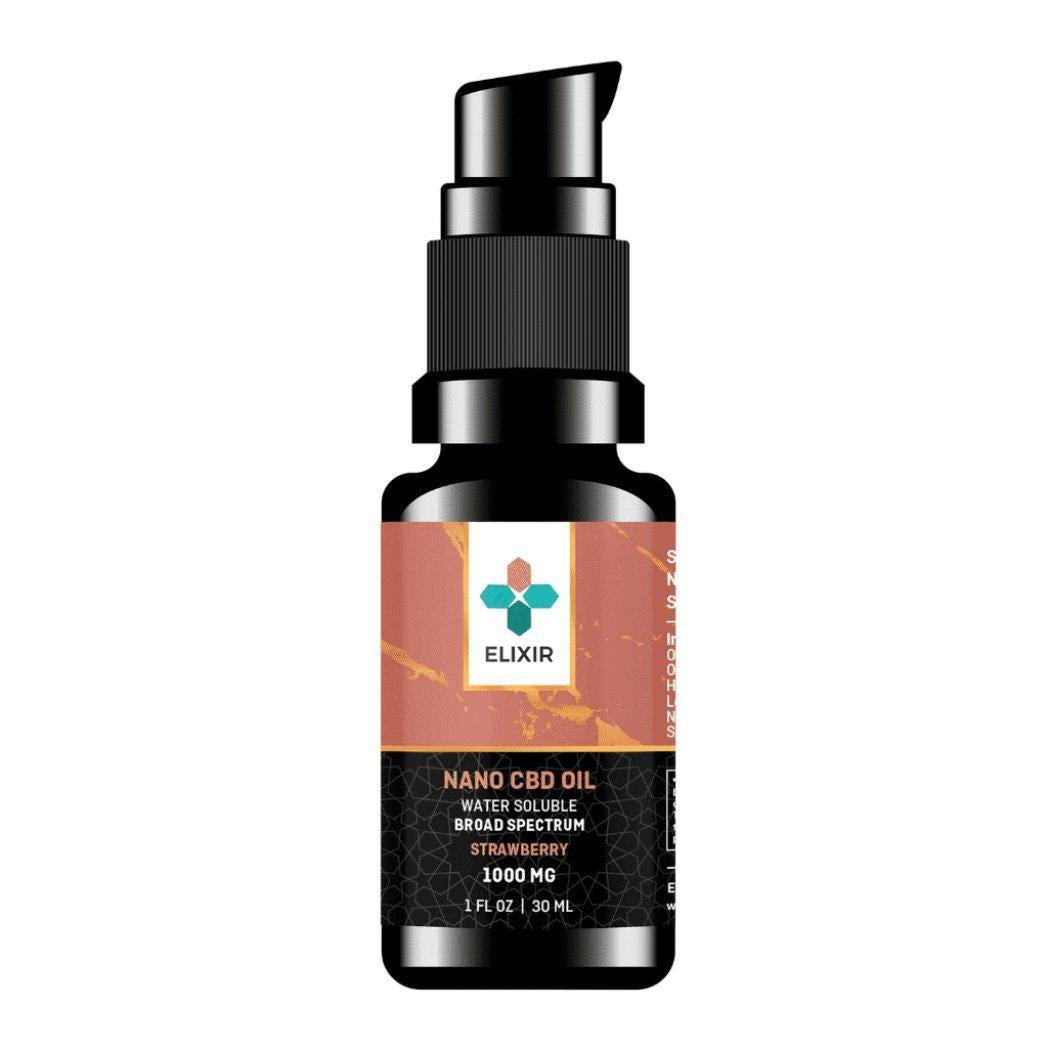 Black pump bottle of strawberry nano CBD oil on white background