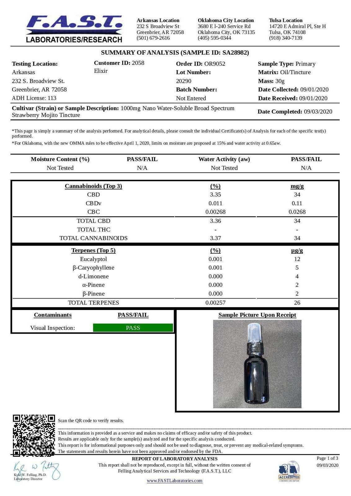 Dark glass dropper bottle of CBD oil shown in lab analysis document