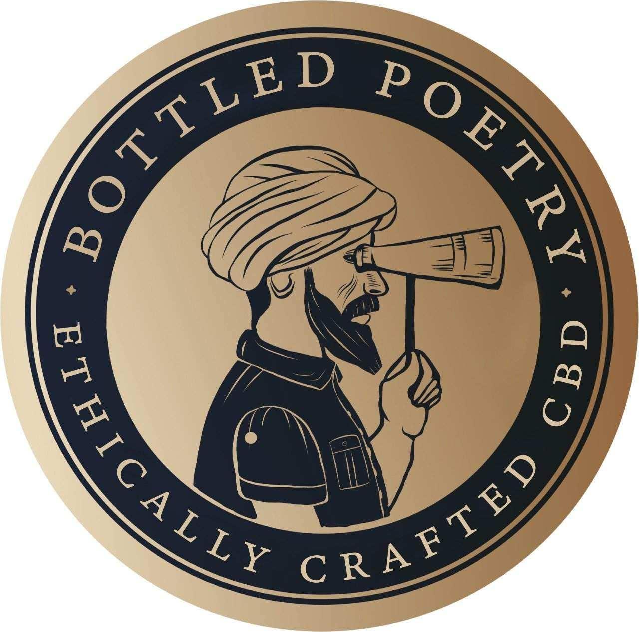 Gold and black CBD oil bottle cap label with turbaned potter illustration