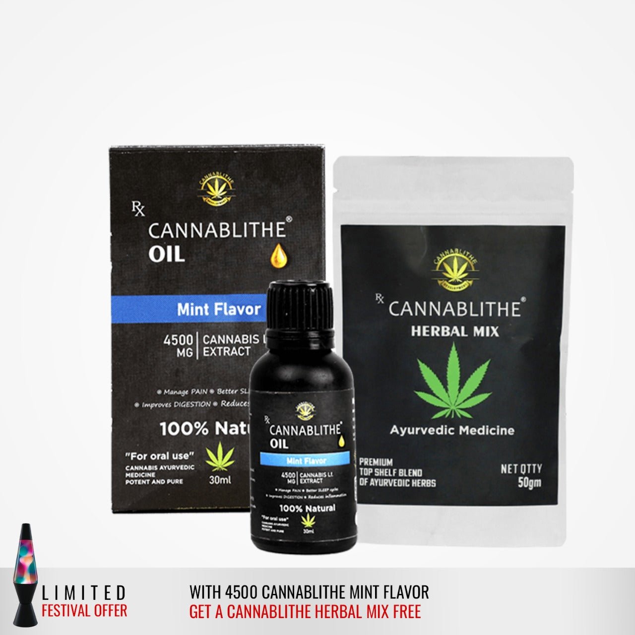 Free Cannablithe herbal mix (10mg) with 4500 Cannablithe mint flavor cannabis oil - CBD Store India