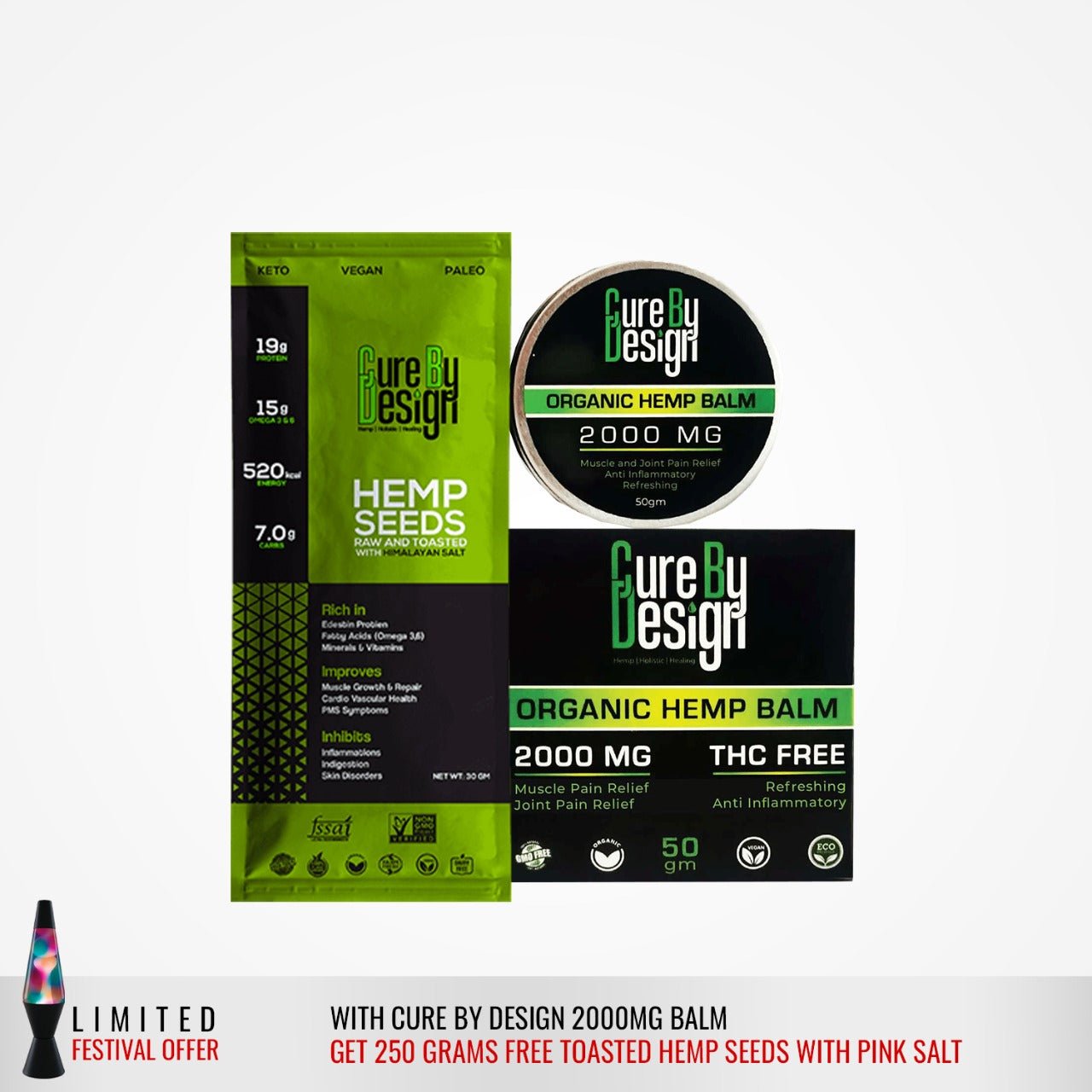 Free Cure By Design Roasted Hemp Seeds - Pink Himalayan Salt (250g) with Cure By Design CBD Oil Isolate Balm 2000MG - CBD Store India
